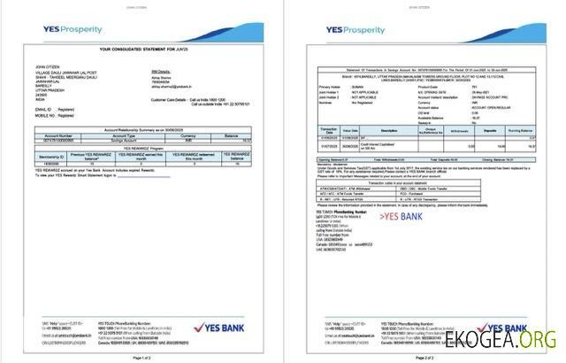 Inde Oui Relevé de compte bancaire Modèle Word et PDF, 2 pages template